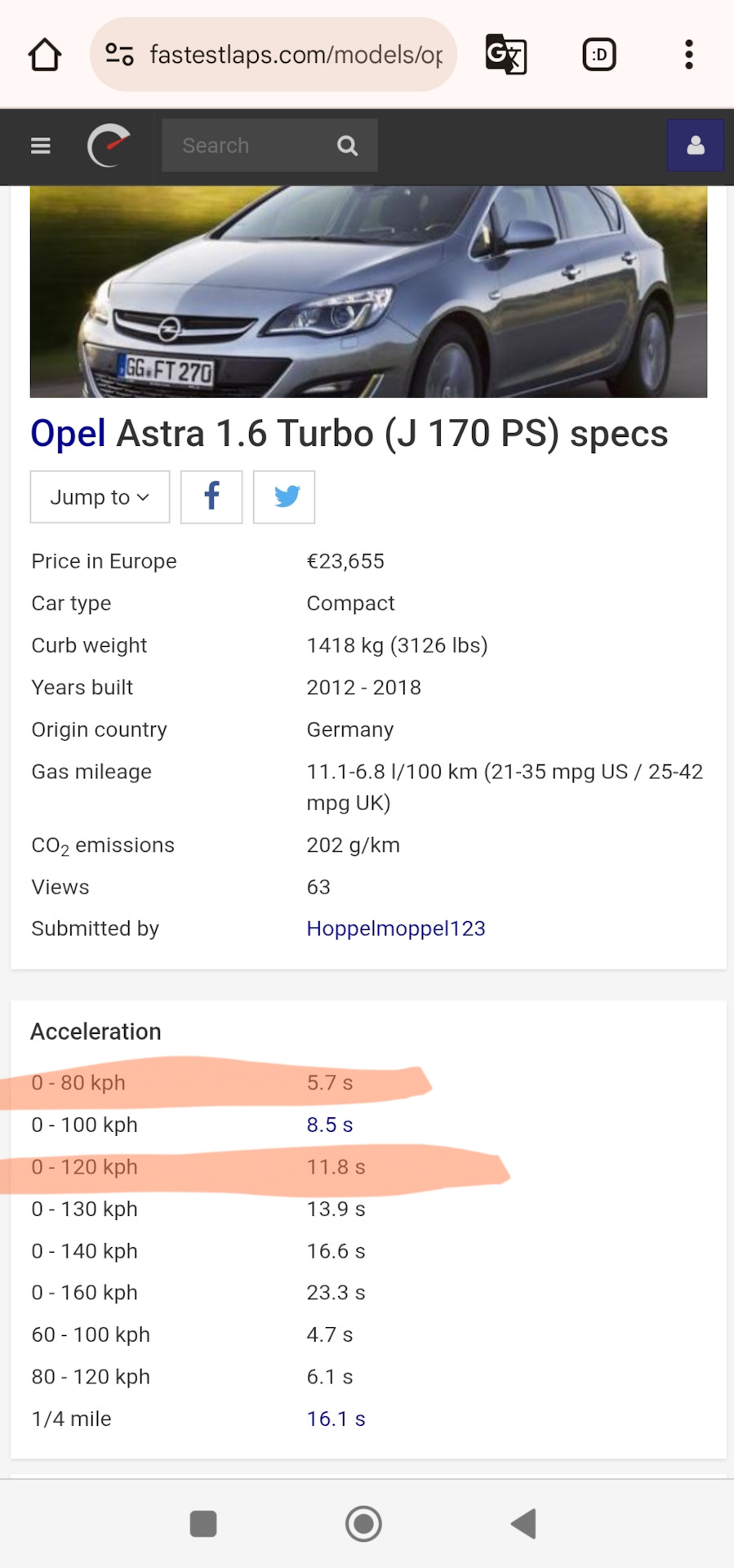 Замер разгона 80-120 км/ч — Opel Astra J GTC бензин, 1,4 л, 2012